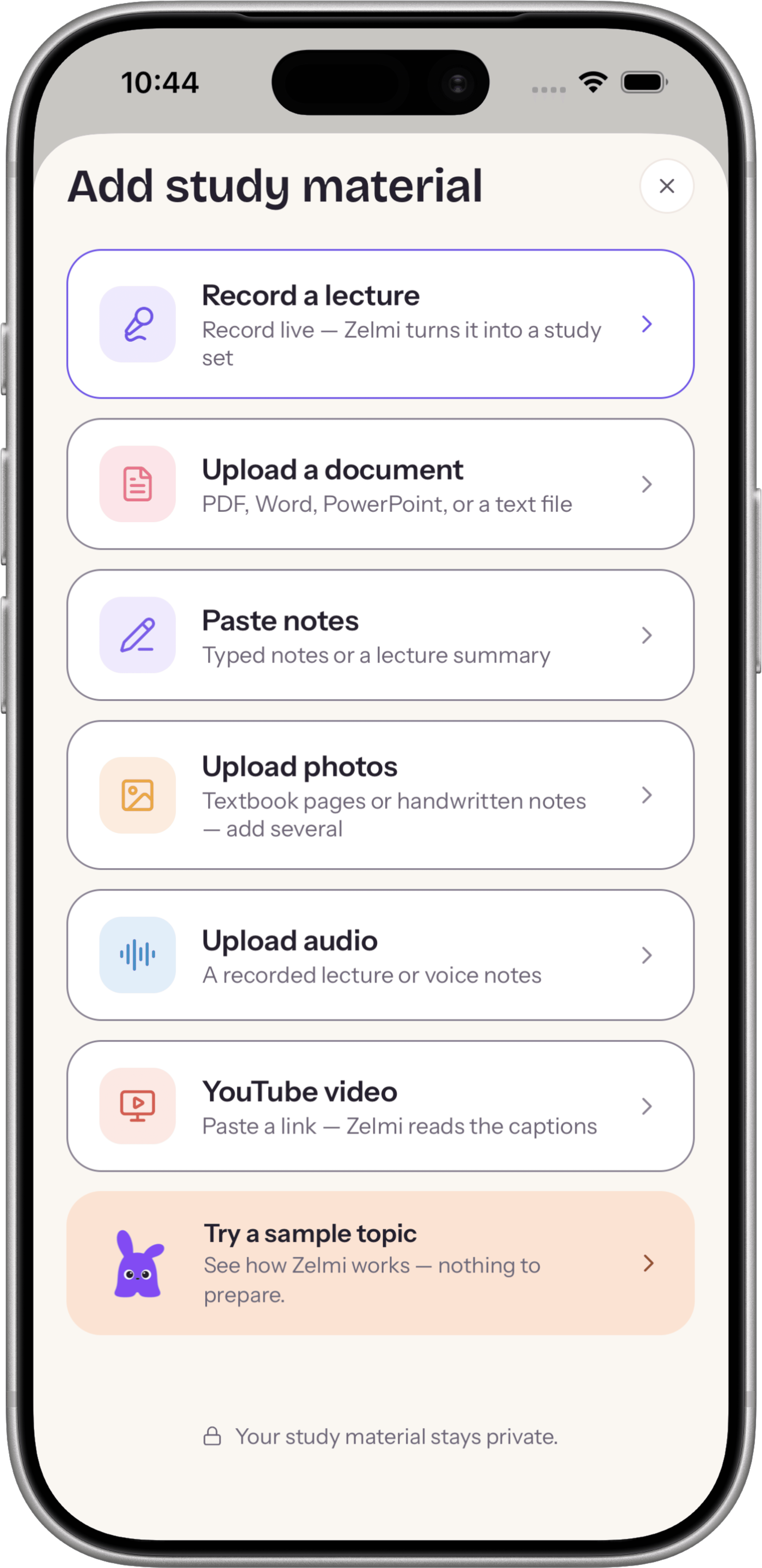 Zelmi screen for adding study material