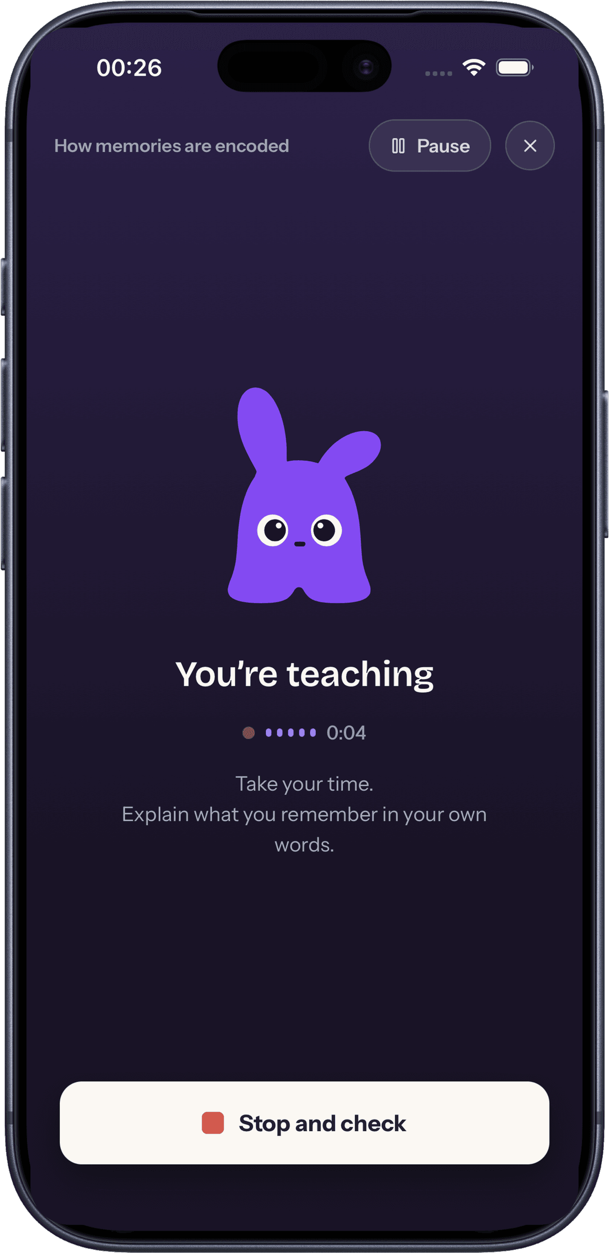 Zelmi listening live on an iPhone 17 Pro while a student teaches a topic out loud
